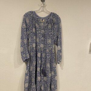 Be Bindaas Midi Dress Womens Medium Blue White Floral Boho Peasant Cotton